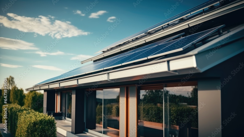 Close up of a new building with solar panels on the roof at modern home.