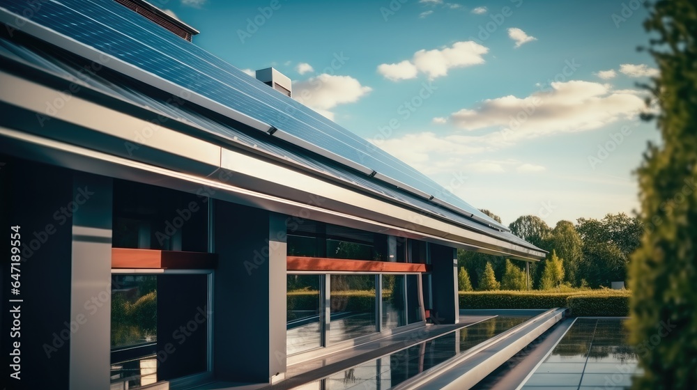 Modern home with solar panels on the roof.