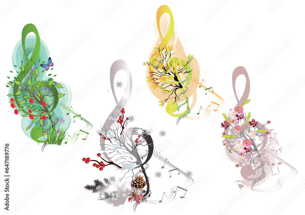 Abstract treble clef decorated with summer, autumn, winter and spring decorations: flowers, leaves, 