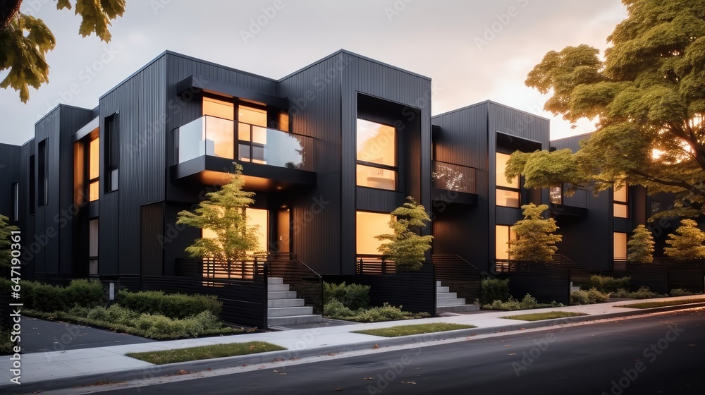 Modern modular private black townhouses in city.