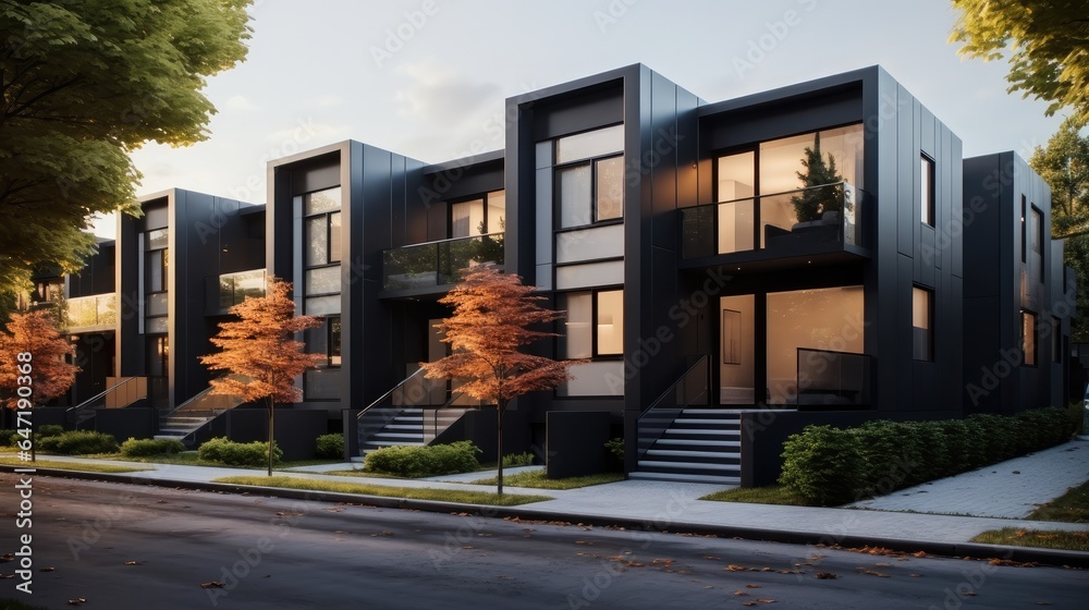 Modern modular private black townhouses in city.