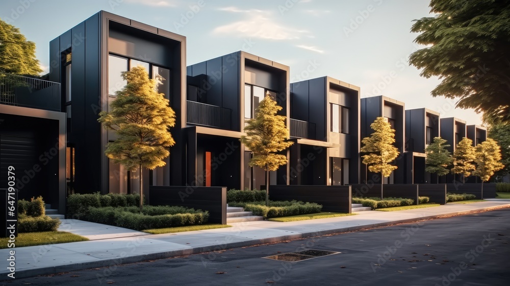 Modern modular private black townhouses in city.