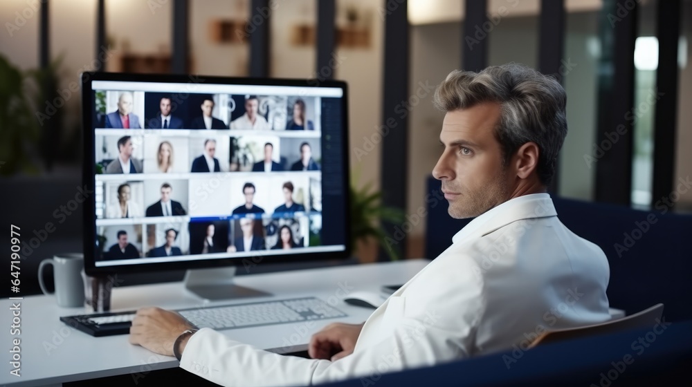 Businessman Online Video Conference Virtual Meeting at modern office.