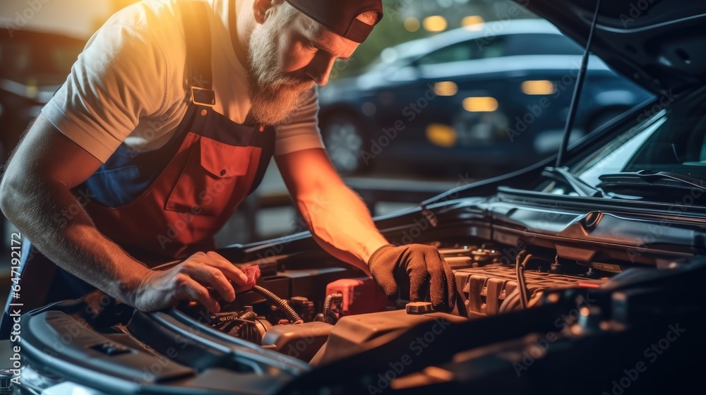 Technician of car mechanic are working in auto repair, Service electric battery and maintenance of c