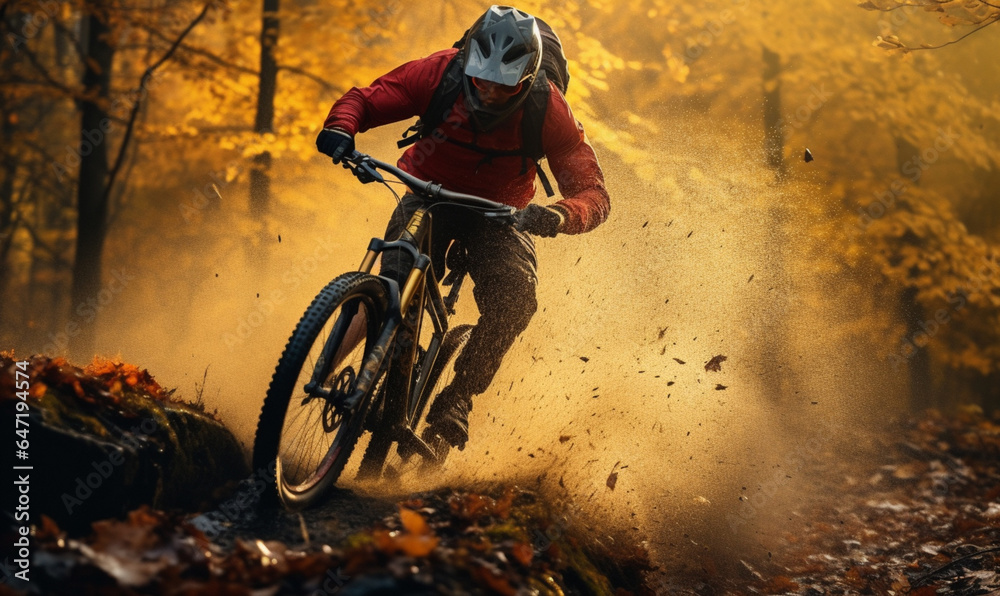 Mountain biker rides in sun autumn forest, Silhouette of biker.