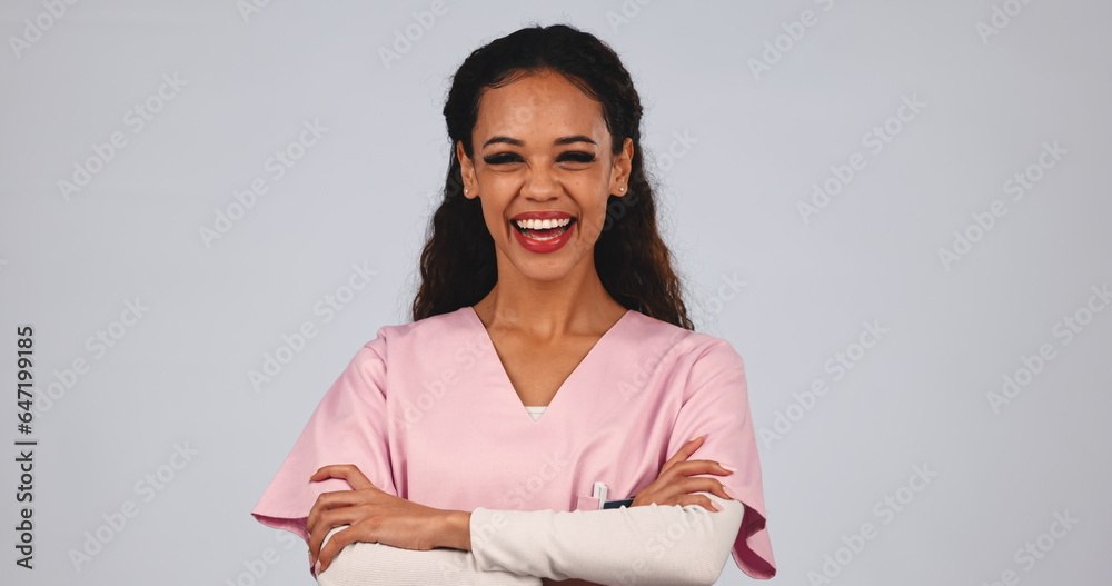 Medical nurse, laughing and a woman in studio with a smile, pride and arms crossed. A happy and frie