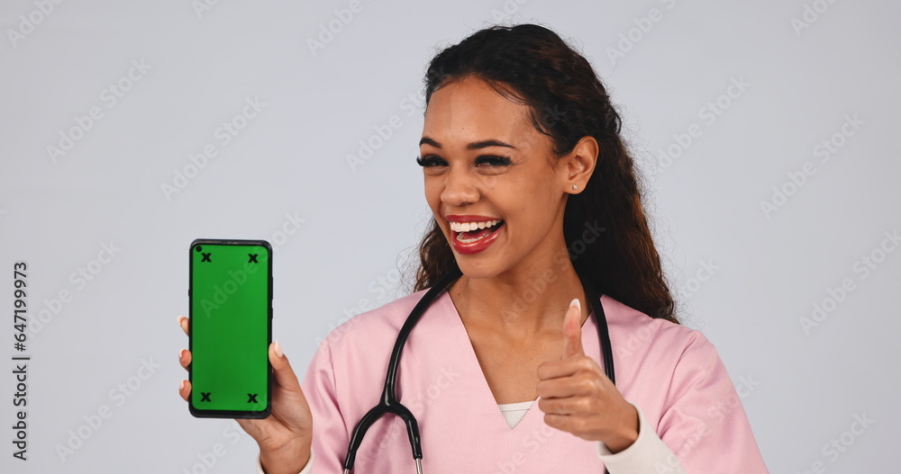 Doctor, thumbs up and phone green screen for medical services, registration and like, yes or ok in s