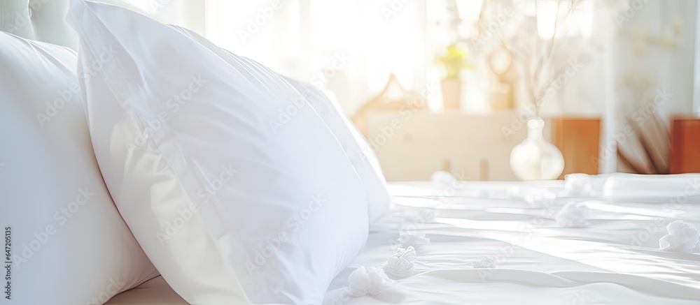 Clean white pillows and bed sheets arranged in a nicely made bed with a close up view in a beauty ro