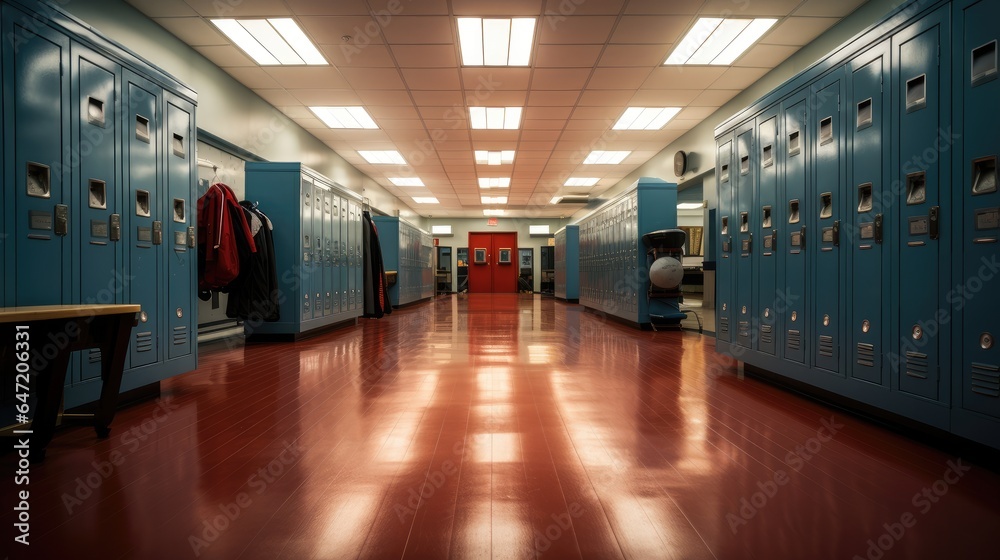 Gym locker room, Modern interior of a locker changing room.