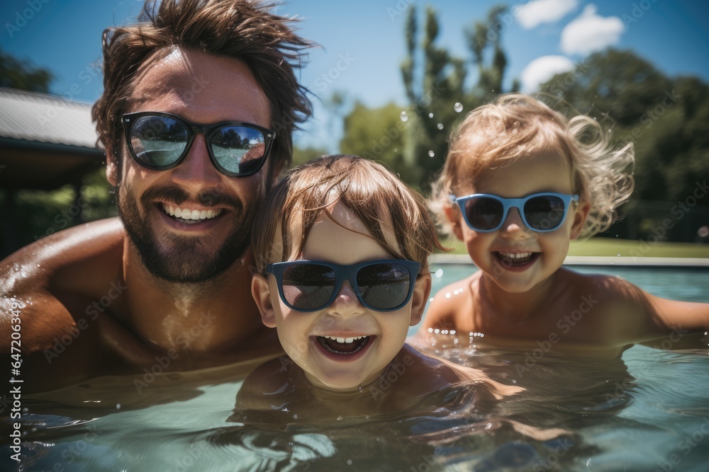 One adults and two child having fun in the water in the pool.