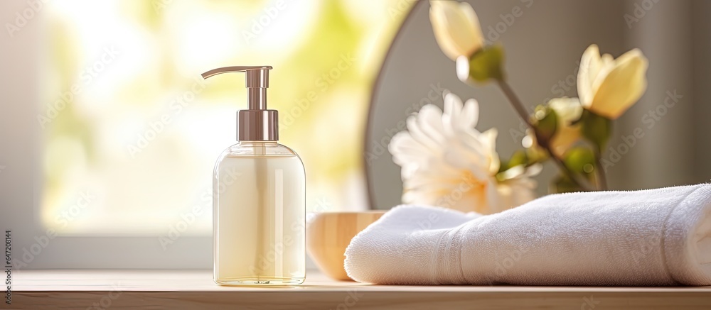 Advertisements for eco friendly body care products featuring a glass soap dispenser jars towel and w