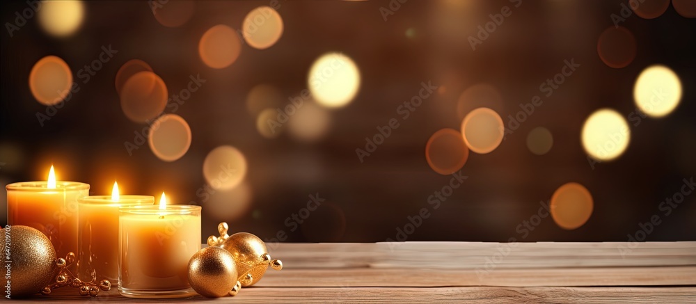 Bokeh lights on a wooden table with a sweater and two candles