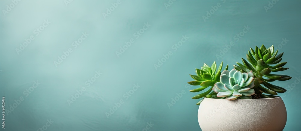 Close up of green succulent leaves on an eggshell plaster backdrop