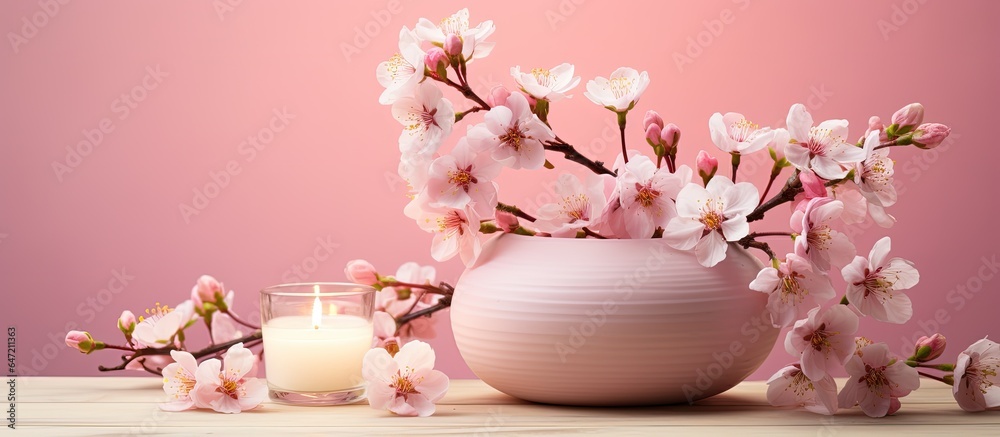 Candles vase and cherry blossoms on a white background