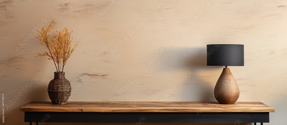 Beige wall with black lamp near wooden table