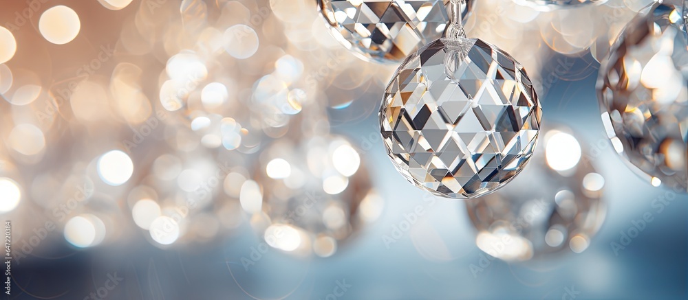 Close up of shiny round crystal chandeliers Luxurious lustrous texture Background of faceted glass b