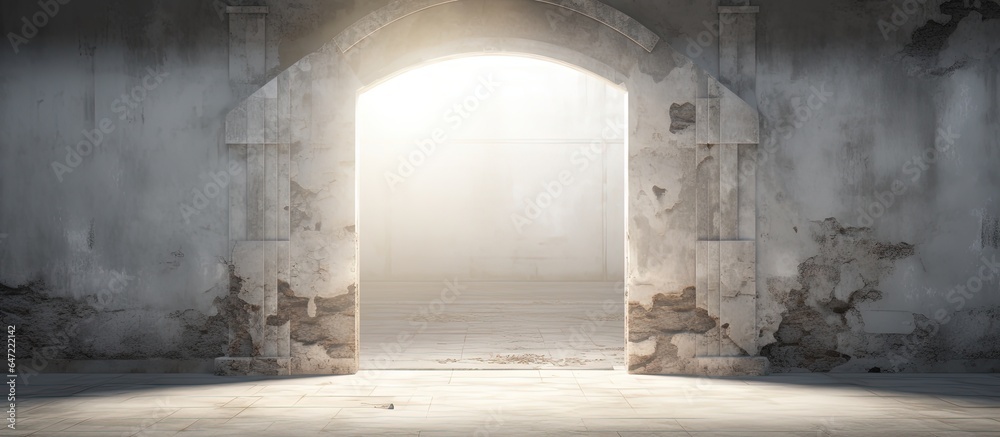 Abandoned building entrance mock up with destroyed temple interior