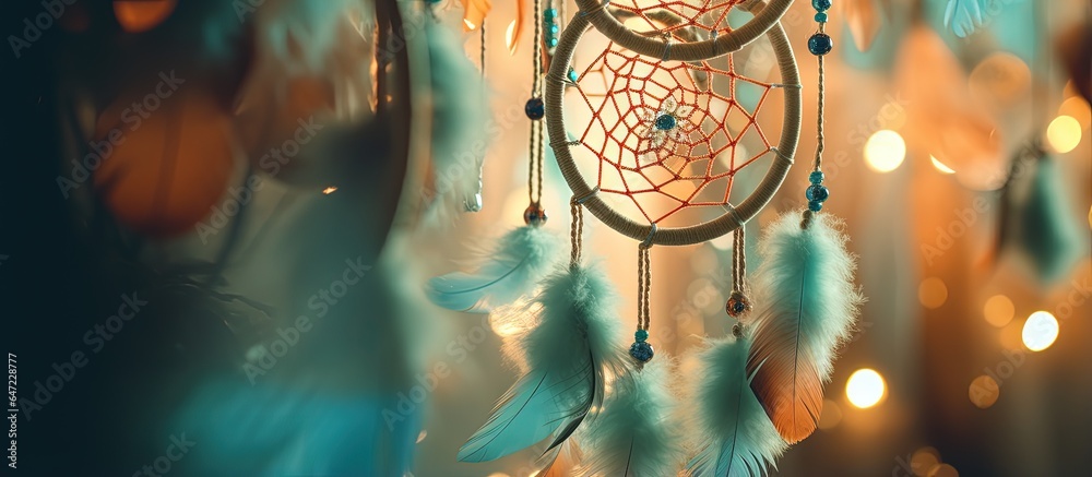 Close up of dream catcher with fresh green feathers