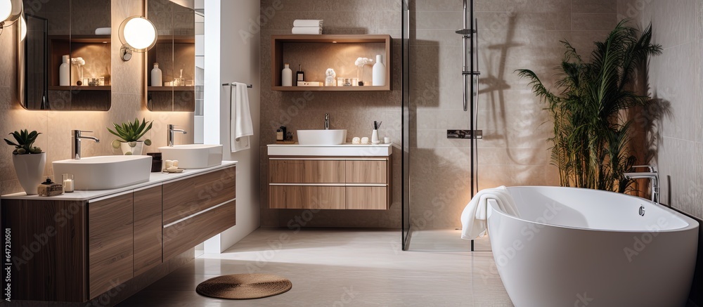 A modern spacious bathroom with oval shaped bathtub shower cabin white sinks and wooden cabinet all 