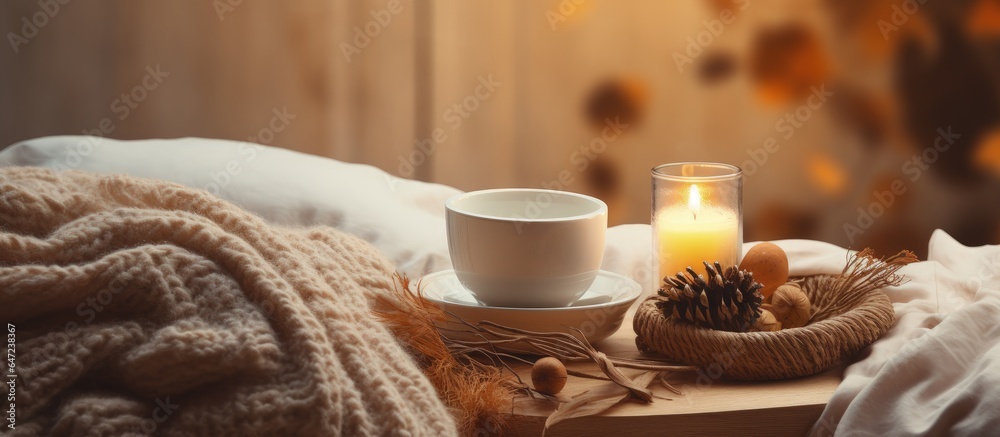 Autumn ambiance in bed with coffee and candles