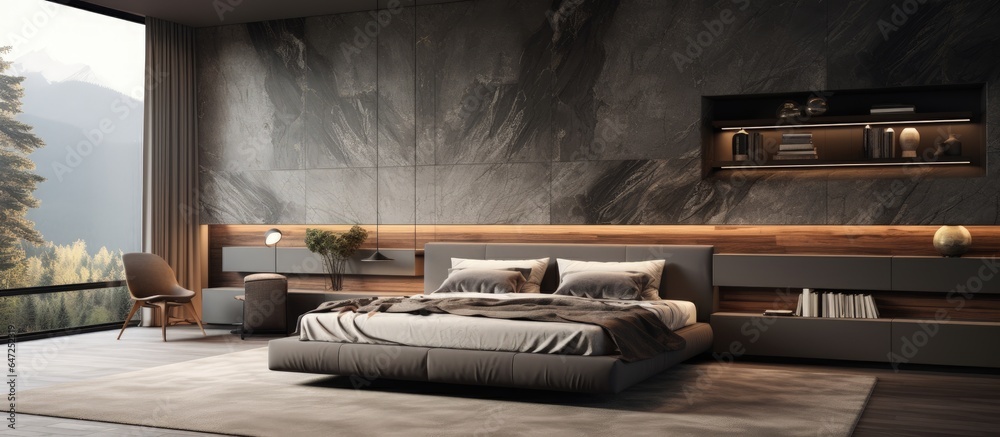 Contemporary bedroom interior in black and grey