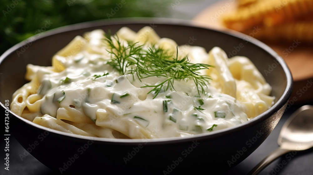 Alfredo pasta dinner with creamy white sauce and herbs. Generative Ai