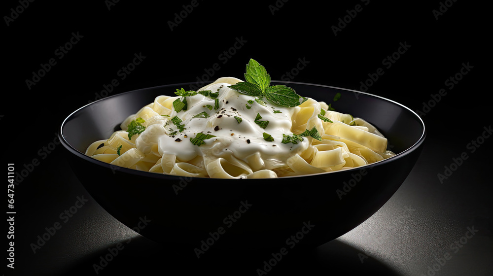 Alfredo pasta dinner with creamy white sauce and herbs isolated on black background. Generative Ai