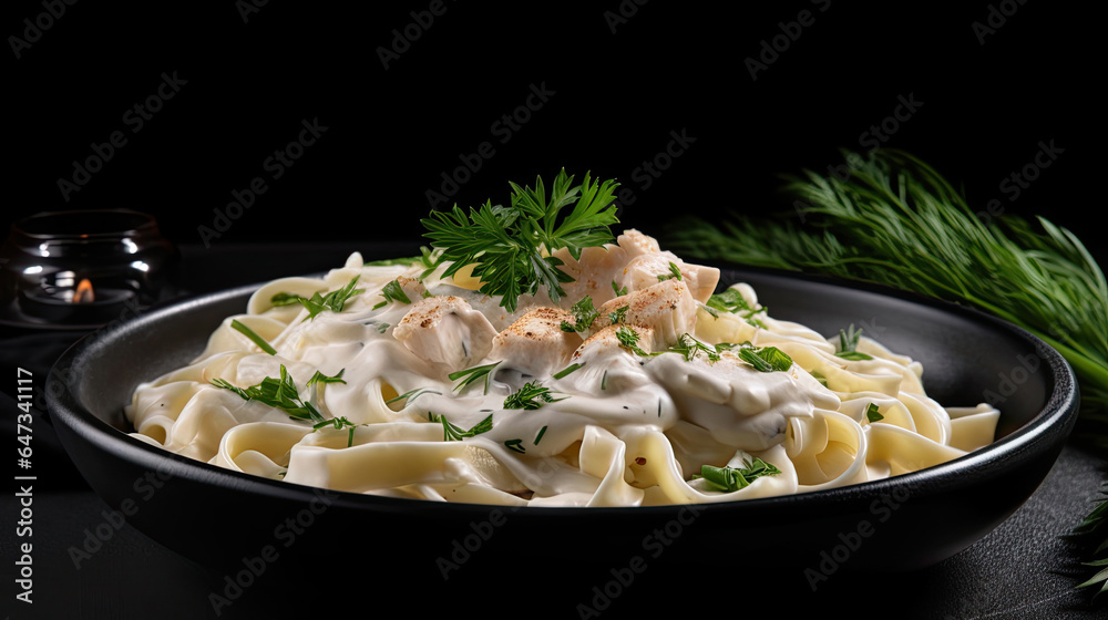 Alfredo pasta dinner with creamy white sauce and herbs isolated on black background. Generative Ai