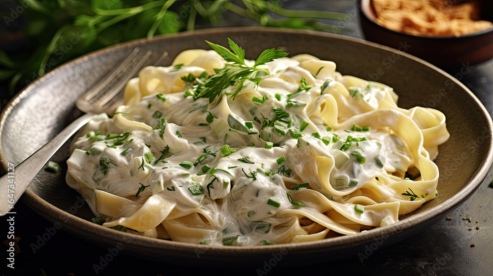 Alfredo pasta dinner with creamy white sauce and herbs. Generative Ai