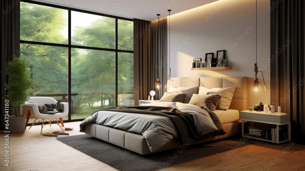 Bedroom, Interior design of modern elegant bedroom. Generative Ai