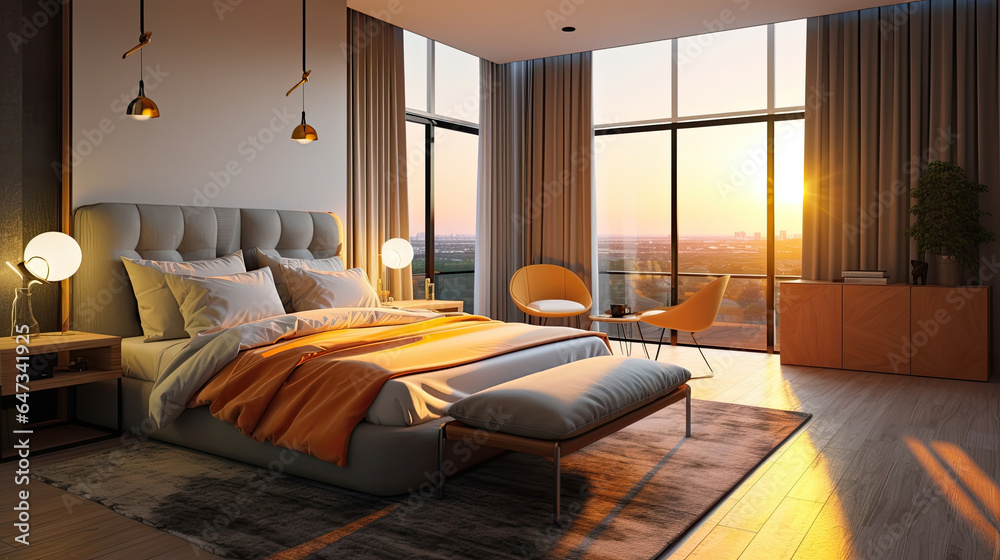 Bedroom, Interior design of modern elegant bedroom. Generative Ai