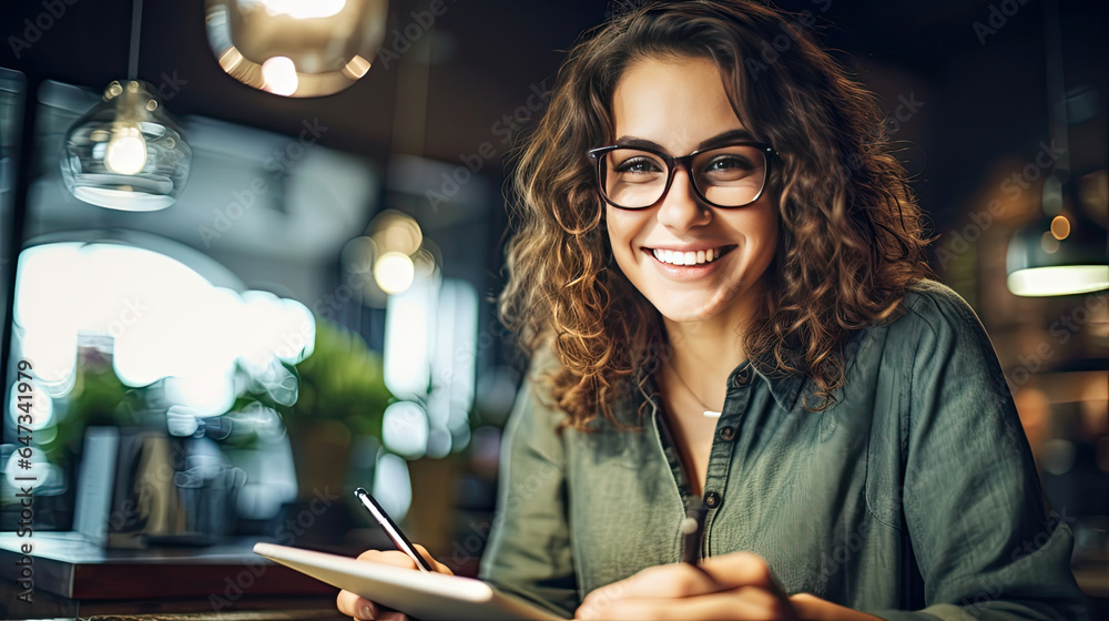 Happy woman or fashion designer writing ideas for her small business in a note book. Generative Ai