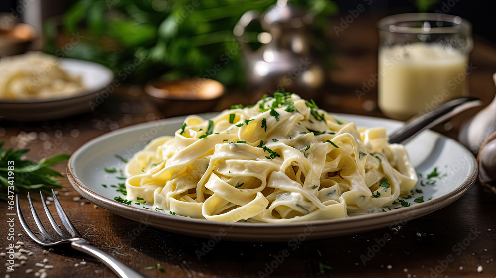 Fettucini Alfredo dinner with creamy white sauce and herbs on table. Generative Ai