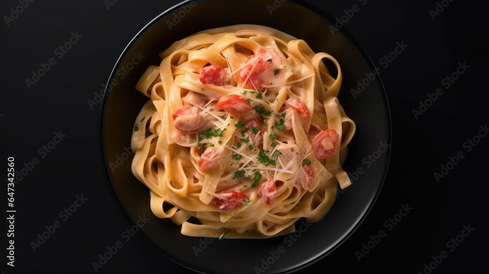 Top view of  Italian pasta fettuccine in a creamy sauce on a black plate. Generative Ai