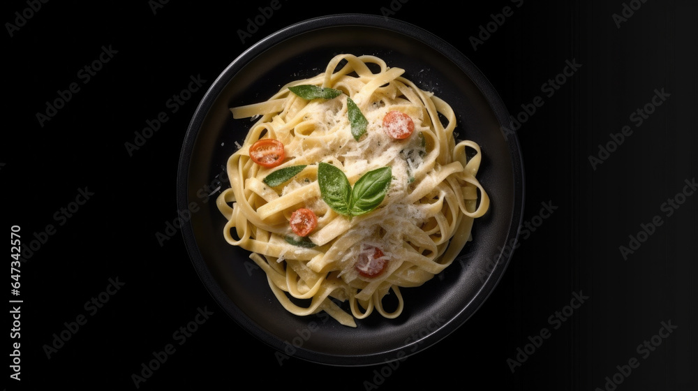 Top view of  Italian pasta fettuccine in a creamy sauce on a black plate. Generative Ai