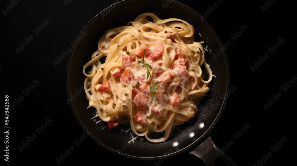 Top view of  Italian pasta fettuccine in a creamy sauce on a black plate. Generative Ai