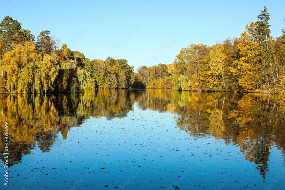 View of beautiful lake and yellow trees on autumn day