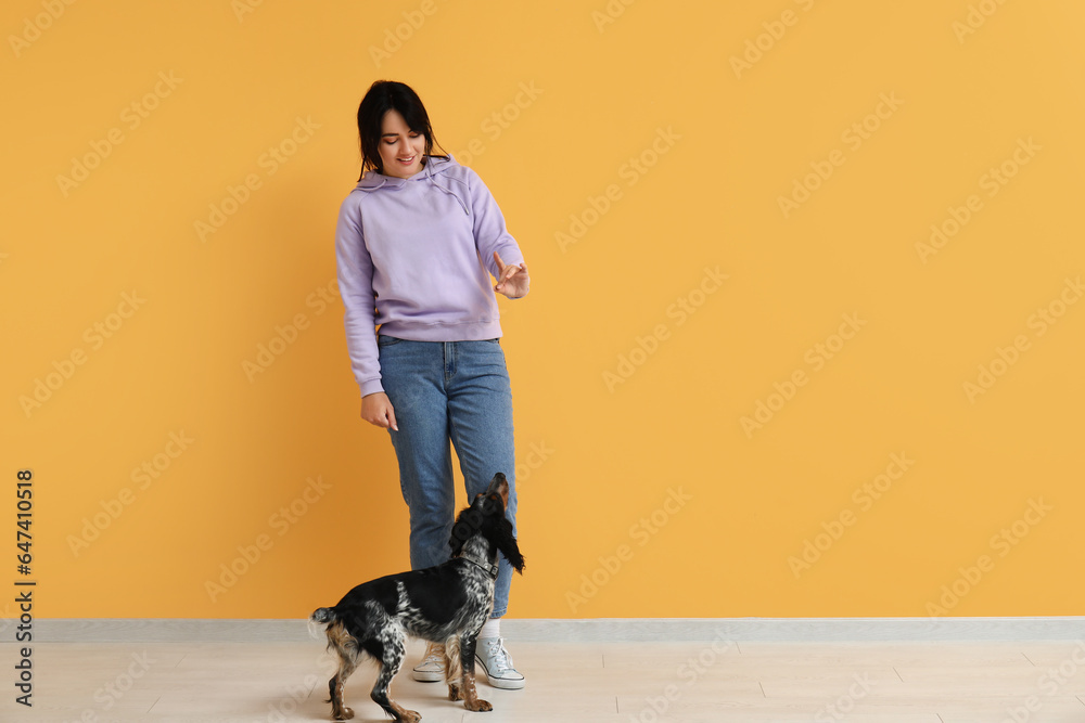 Dog handler training pet on yellow background