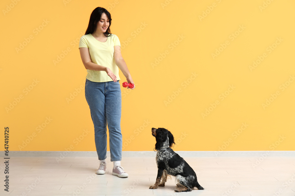 Female dog handler training pet on yellow background