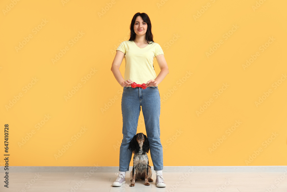 Female dog handler training pet on yellow background