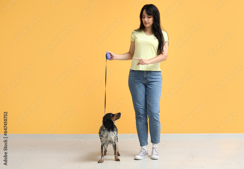 Dog handler with pet on yellow background