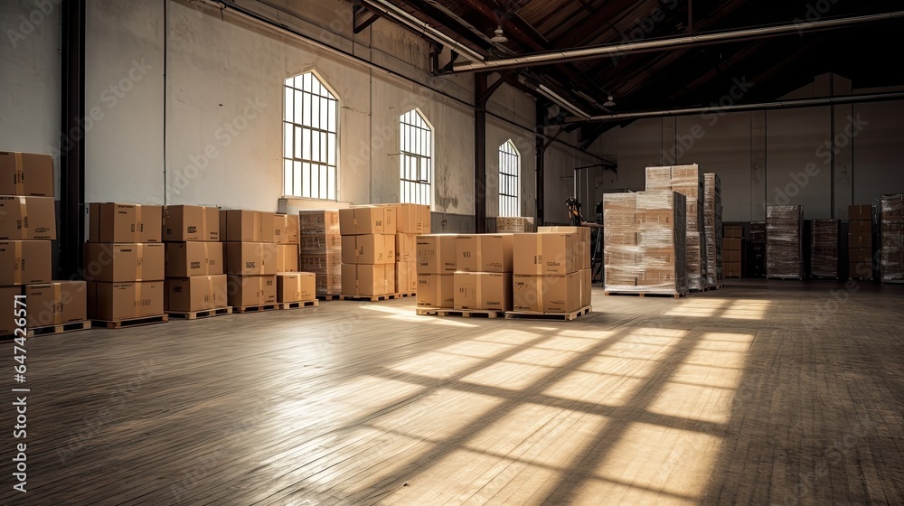 A large warehouse with numerous items. Rows of shelves with boxes.  Logistics. Inventory control, or