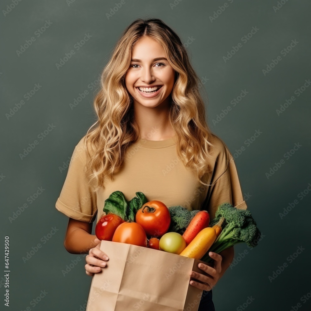 Woman with paper bag with vegetables