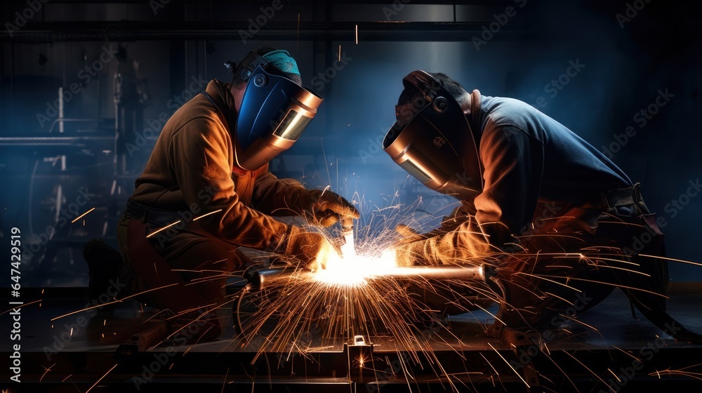 Workers are welding metal at an industrial factory