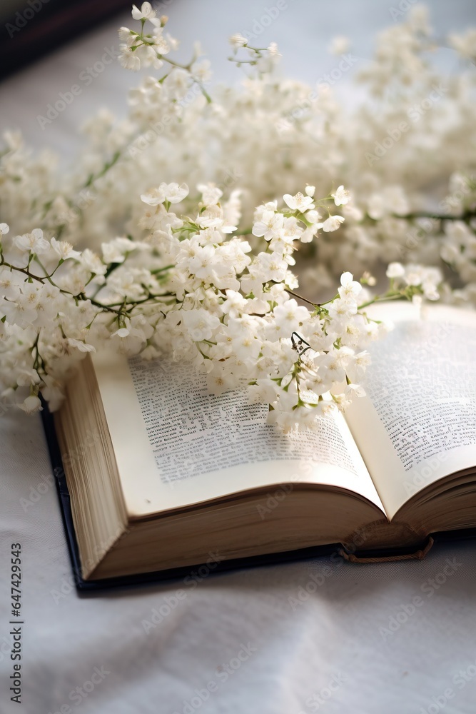 Bouquet of white cherry blossoms and open book on the windowsill