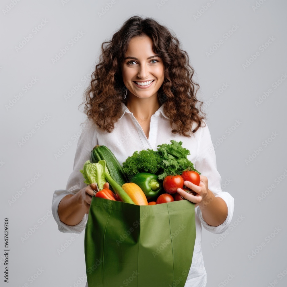 Woman with paper bag with vegetables