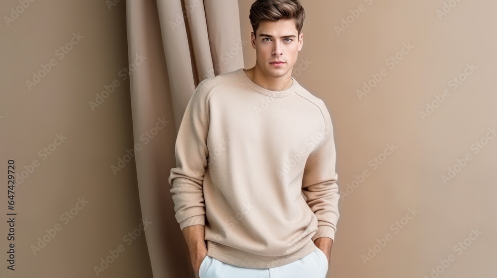 Beige fashion background with model man