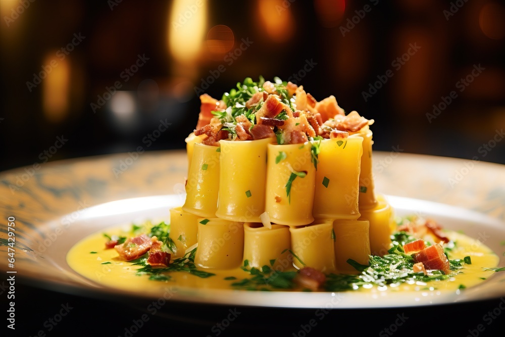 Rigatoni Carbonara: A refined presentation of rigatoni pasta arranged in a circular pattern, bathed 