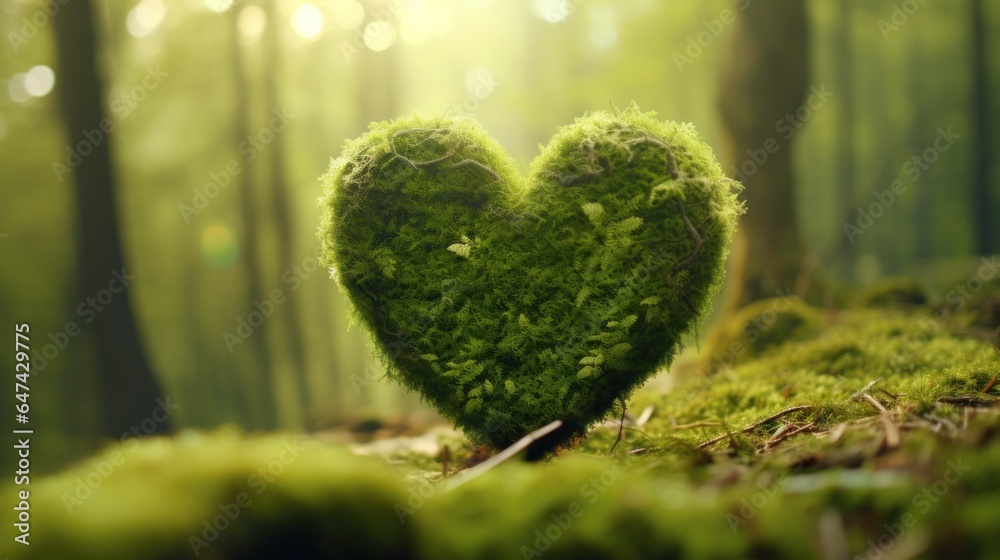 Moss heart at the forest, in the style of romantic and nostalgic themes