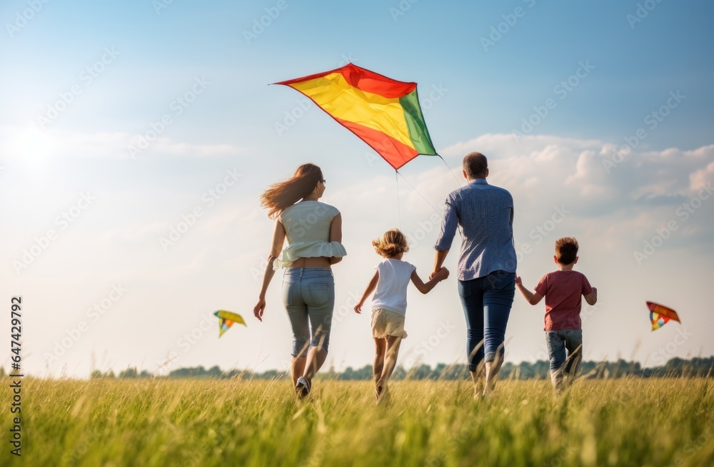 People are running through the field with a kite flying in the wind